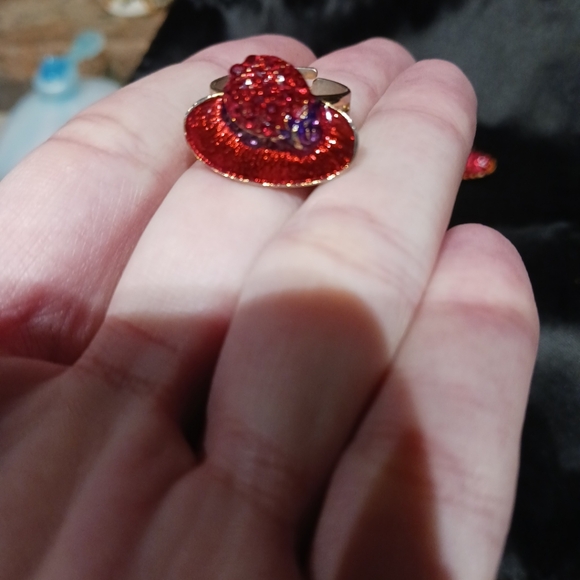 Vtg Red Hat Society Red & Purple Enamel Rhinestone Brooch And Ring (Sz 6.5) Set - Picture 4 of 9